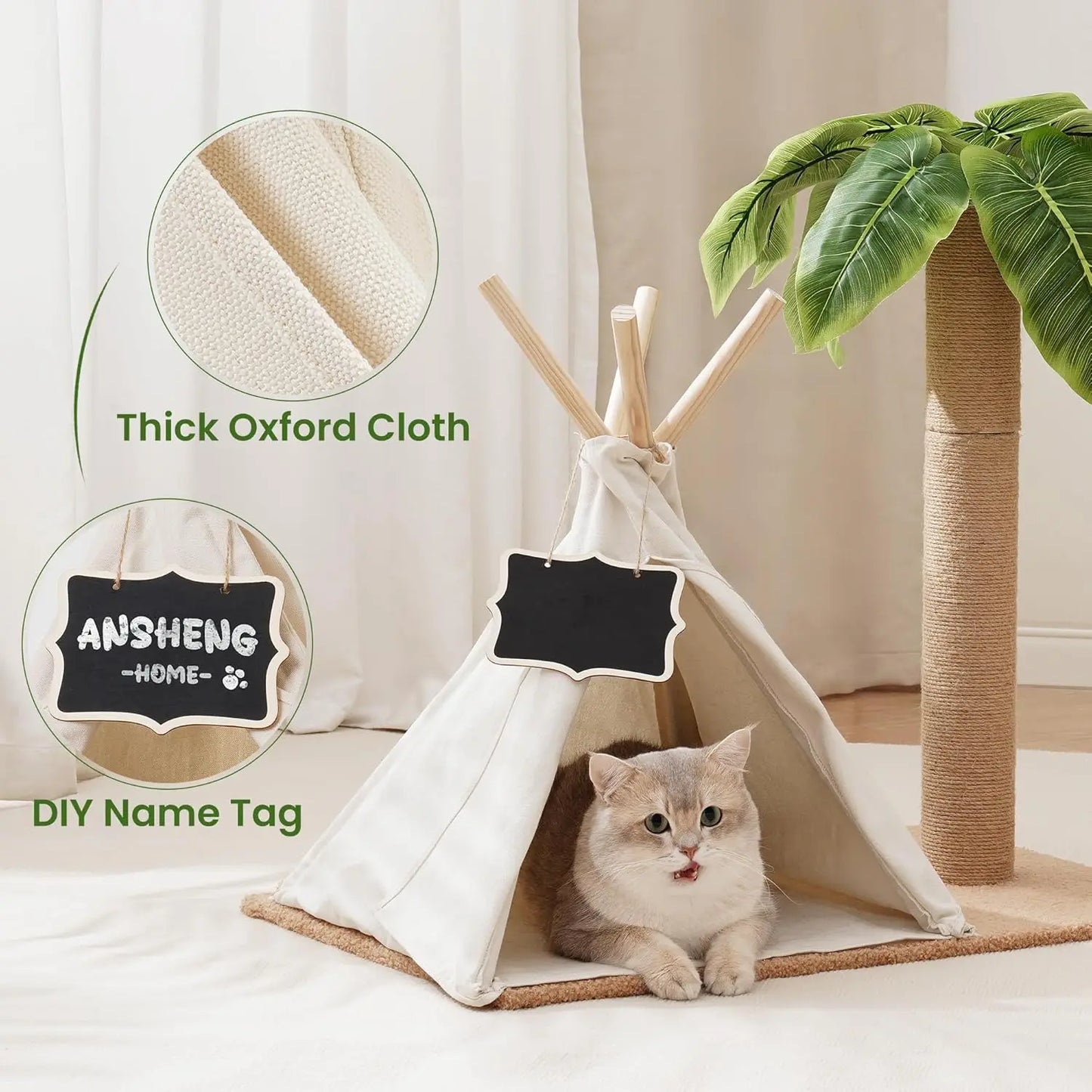 MewooFun Cats Scratching Post Teepee Cat Tree with Simulated Leaves 60cm Tall Pet Bed Tent Indoor Cat Play House