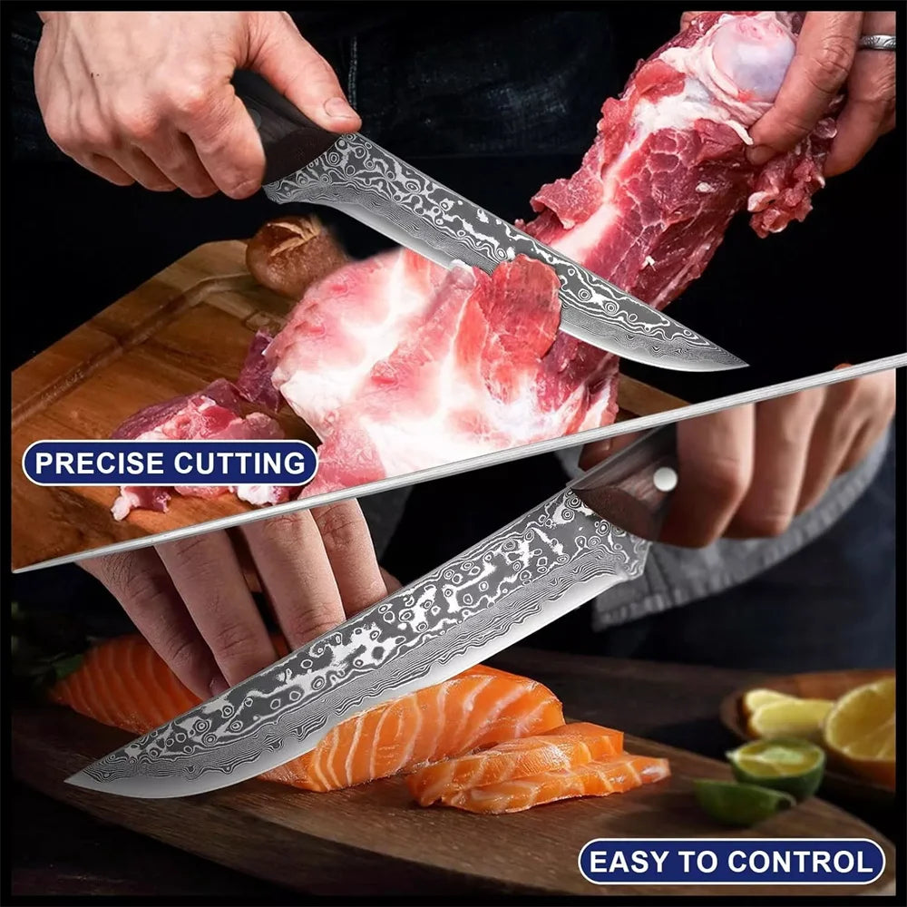 Plys Damascus Steel Boning Chef Knife Set 2 Pieces with Wood Non Slip Handle for Meat and Fishing Fillet