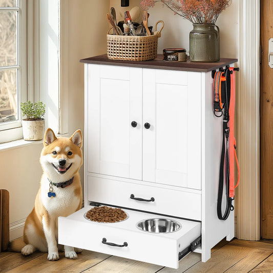 Dog Feeding Station with Double Door Locker and Two Adjustable Bowls Plus Three Hooks in White