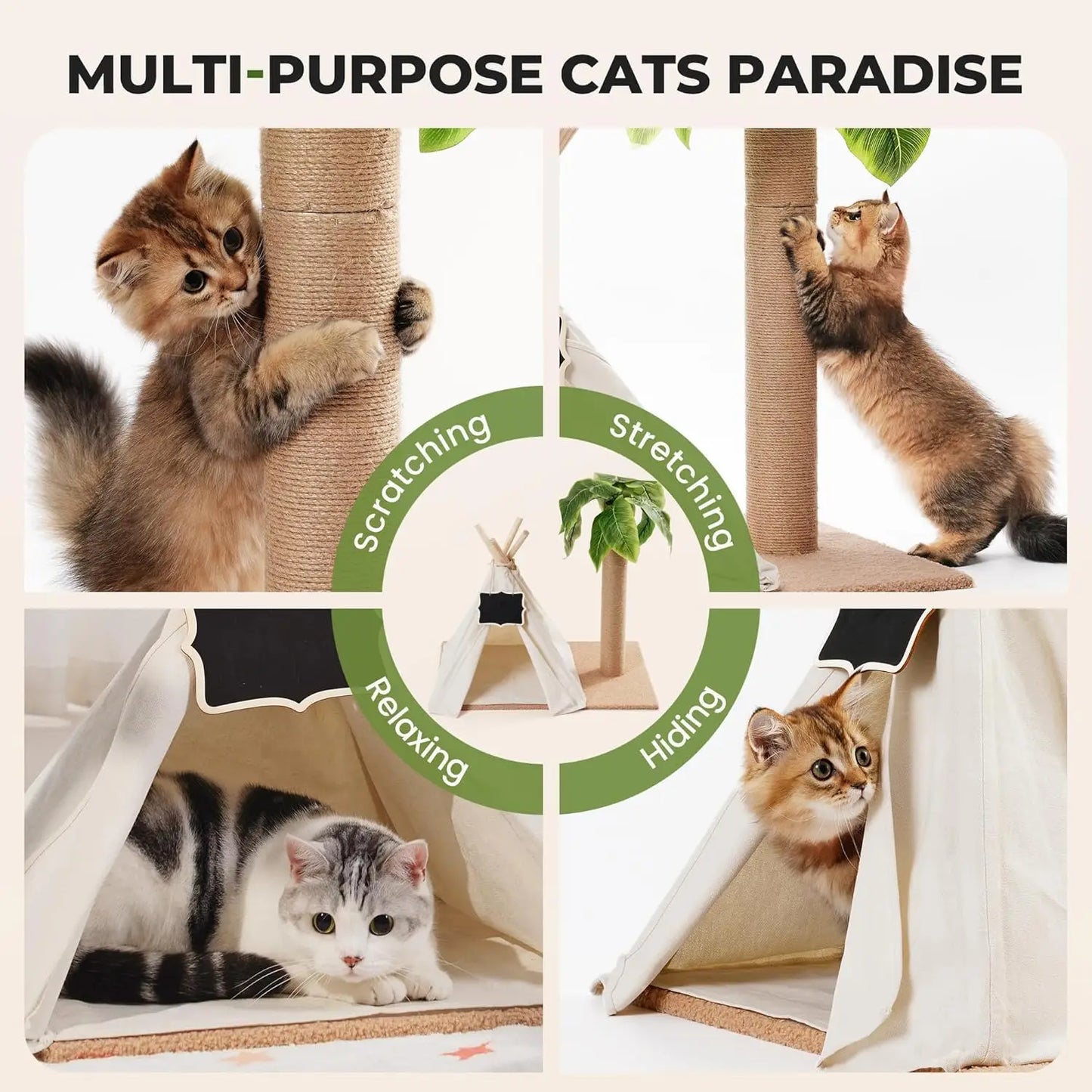 MewooFun Cats Scratching Post Teepee Cat Tree with Simulated Leaves 60cm Tall Pet Bed Tent Indoor Cat Play House