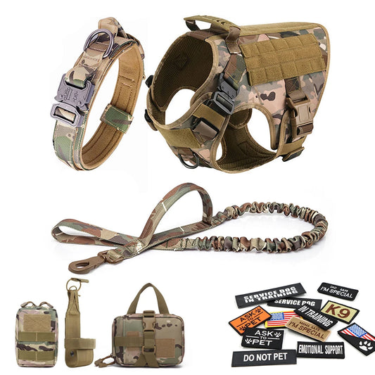 Military Large Dog Harness Collar Leash Bags Patches Set Tactical Vest for Malinois Training Accessories