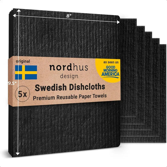 Large Swedish Dishcloths 5 Pack Black Reusable Washable Cellulose Cotton Kitchen Cloths 9.5x8 Inch Replace Paper Towels