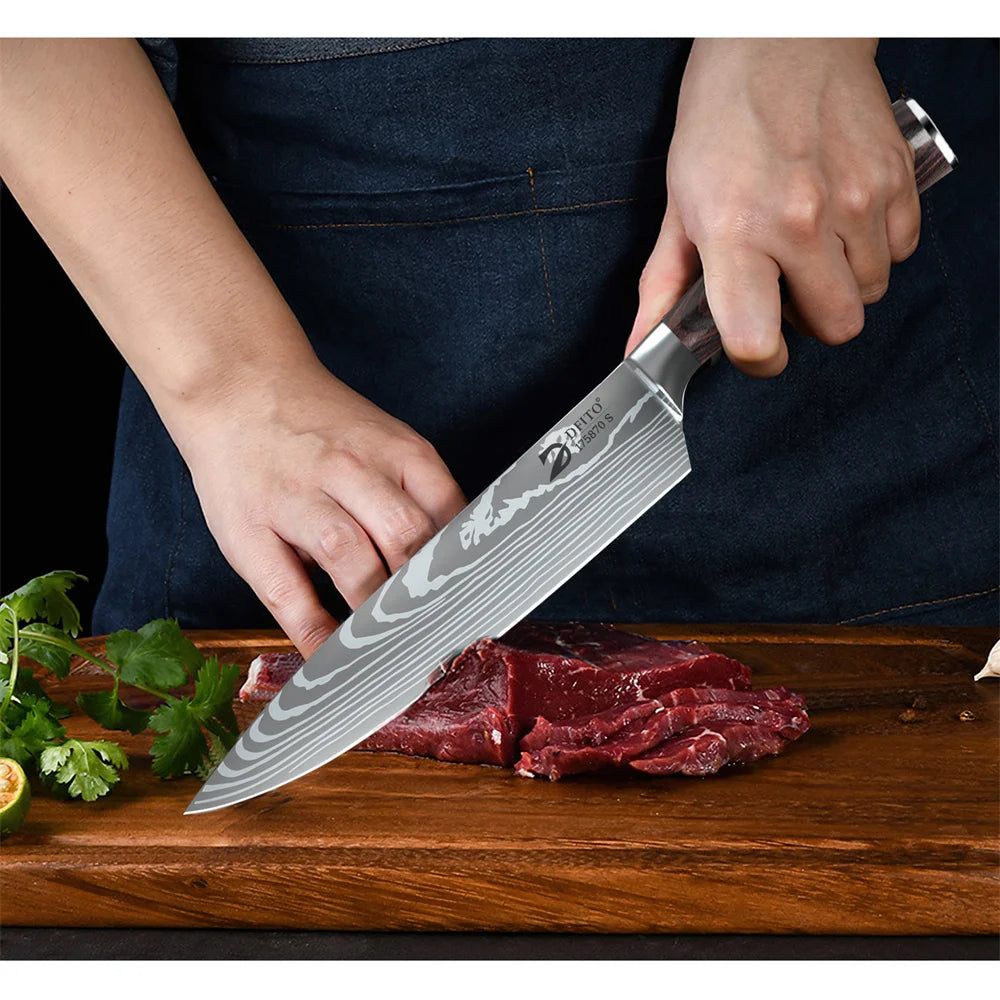 8 Pieces Kitchen Knife Set Damascus Stainless Steel Chef Utility Paring Boning Cleaver Slicing Santoku Knives With Nylon Bag
