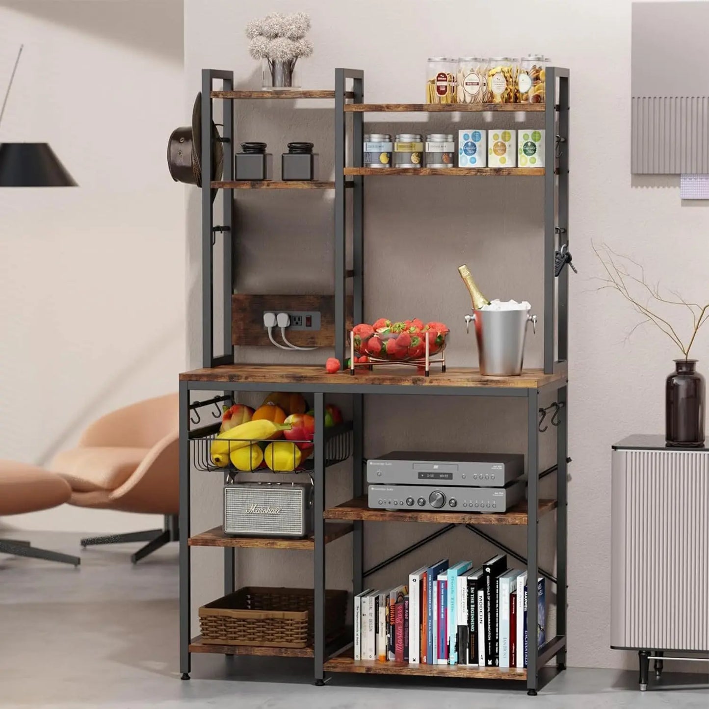 Standing Kitchen Baker Rack With Power Outlet And Hooks