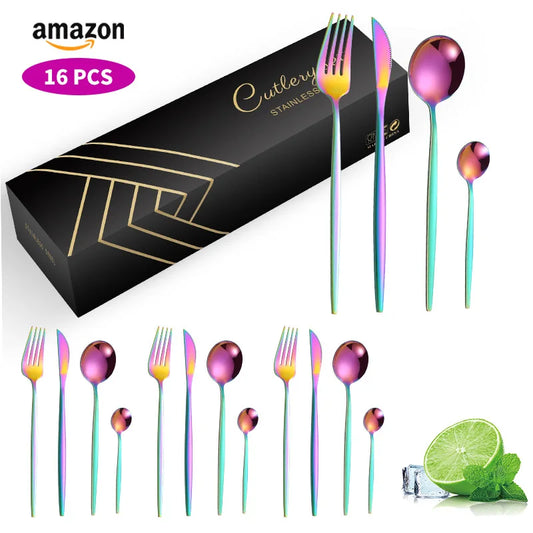 Stainless Steel Knife Fork Spoon Set 16 Pieces Gilded Western Tableware Gift Box