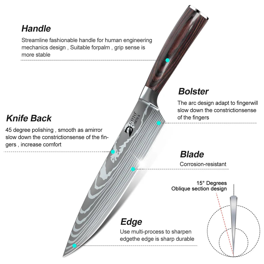8 Pieces Kitchen Knife Set Damascus Stainless Steel Chef Utility Paring Boning Cleaver Slicing Santoku Knives With Nylon Bag