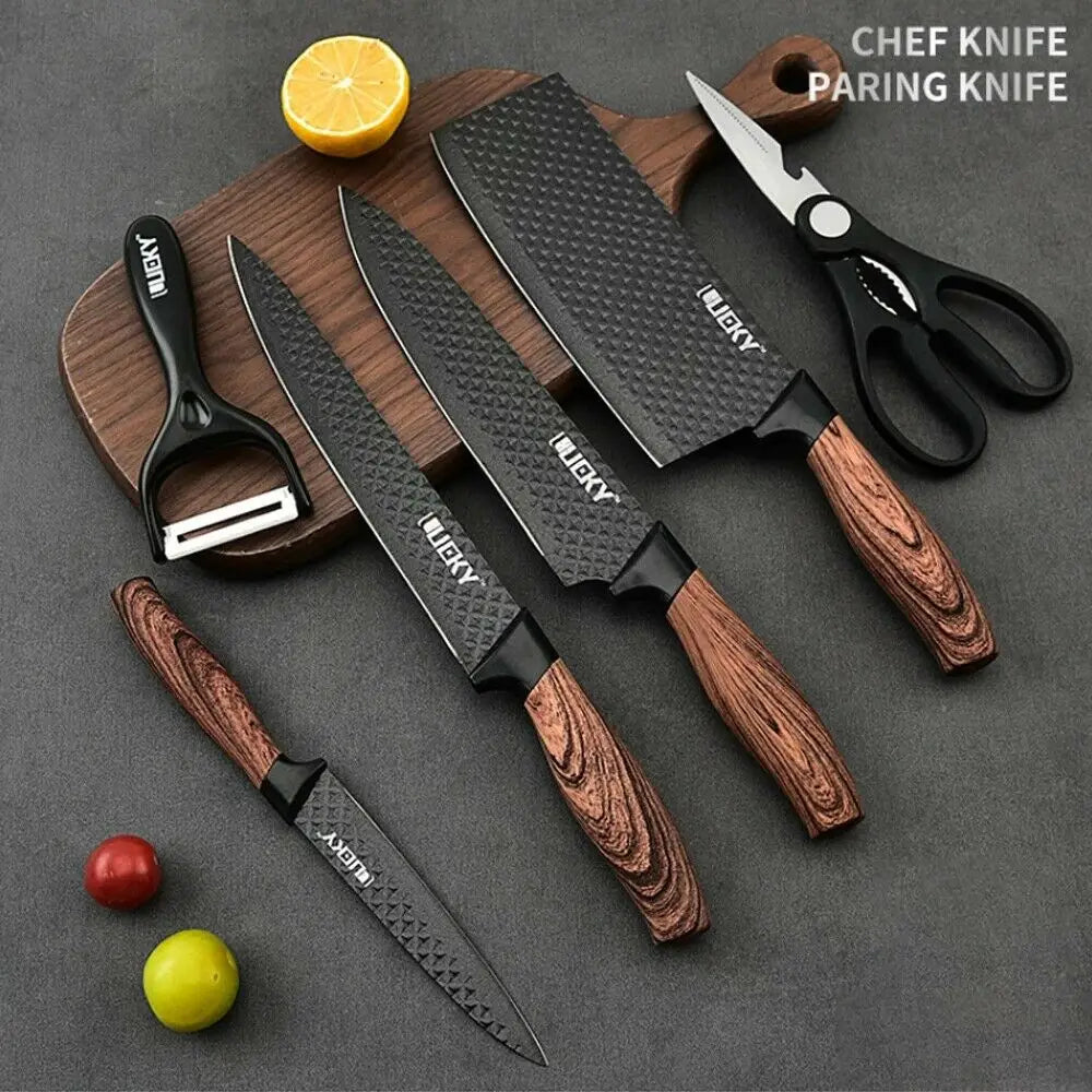 Stainless Steel Forged Chef Kitchen Knife Set with Scissors Vegetable Peeler Slicer and Paring Knife Diamond Pattern