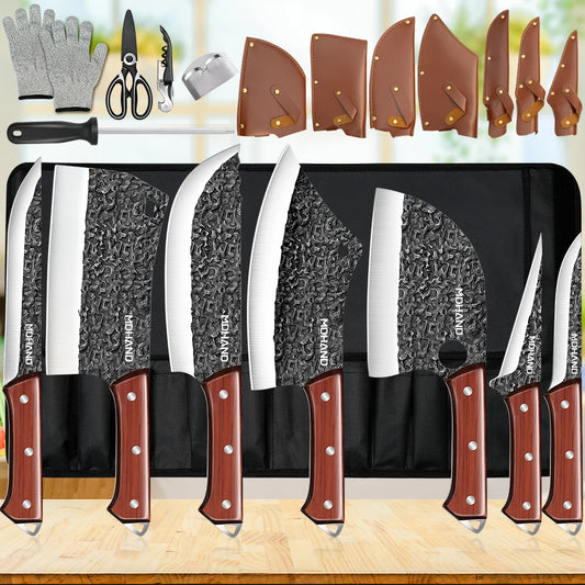 14PCS Kitchen Knives Set Cleaver Meat Cut Steak Fillet Fish Knife Butcher Boning Hand Forged Blade with Scissors and Knife Sharpener