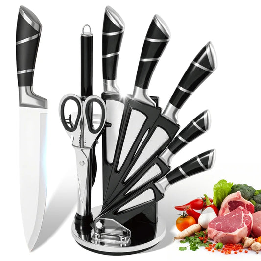 Kitchen Knife Set 9 Pieces Stainless Steel Sharp Non Stick Coated Chef Knives with Sharpener for Cutting Slicing Dicing Chopping