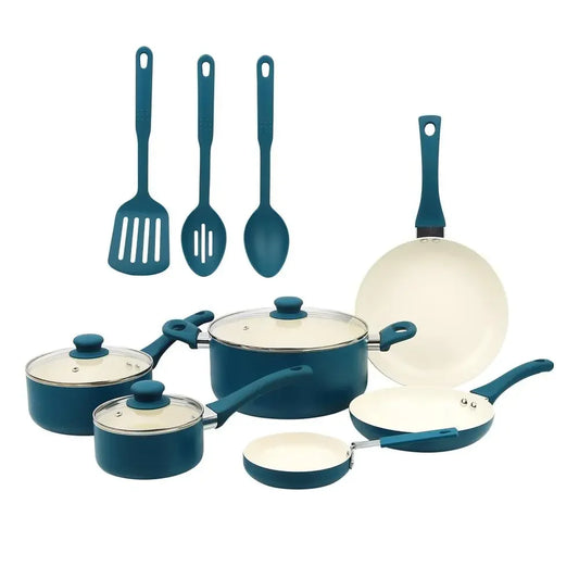 12 Piece Corsair Blue Nonstick Aluminum Cookware Set Home Kitchen Utensil Collection