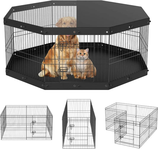 Foldable Metal Dog Exercise Pen Pet Playpen Dog Fence for Camping with Top Cover and Bottom Pad 24 Inch Height 8 Panels Puppy Crate Indoor Outdoor for Medium Dogs
