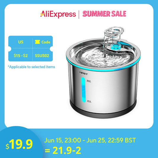NPET Cat Water Fountain Stainless Steel 50oz 1.5L Dishwasher Safe Pet Water Fountain with Visible Window Light for Cats