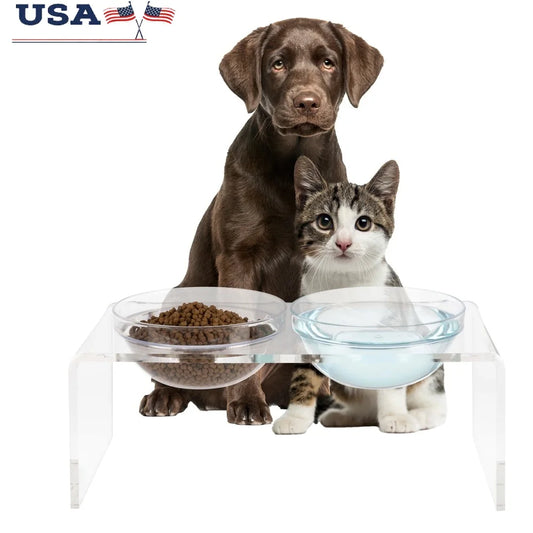 Elevated Dog Cat Bowls Set with Acrylic Stand 7.1 Inch Tall Four Bowls Included Easy Clean Modern Design Stable Feeding Station