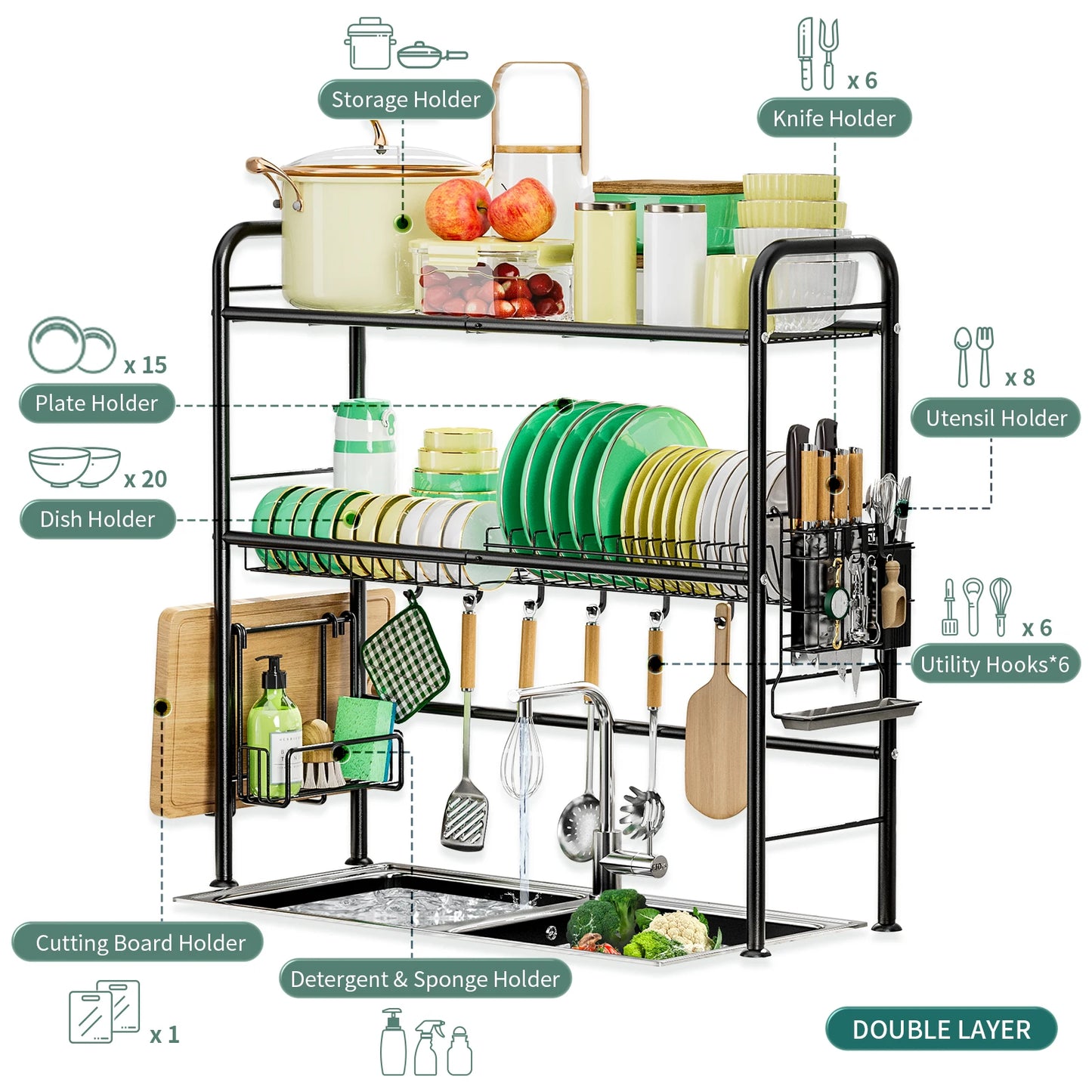 2 Tier Over The Sink Dish Drying Rack for Kitchen Counter