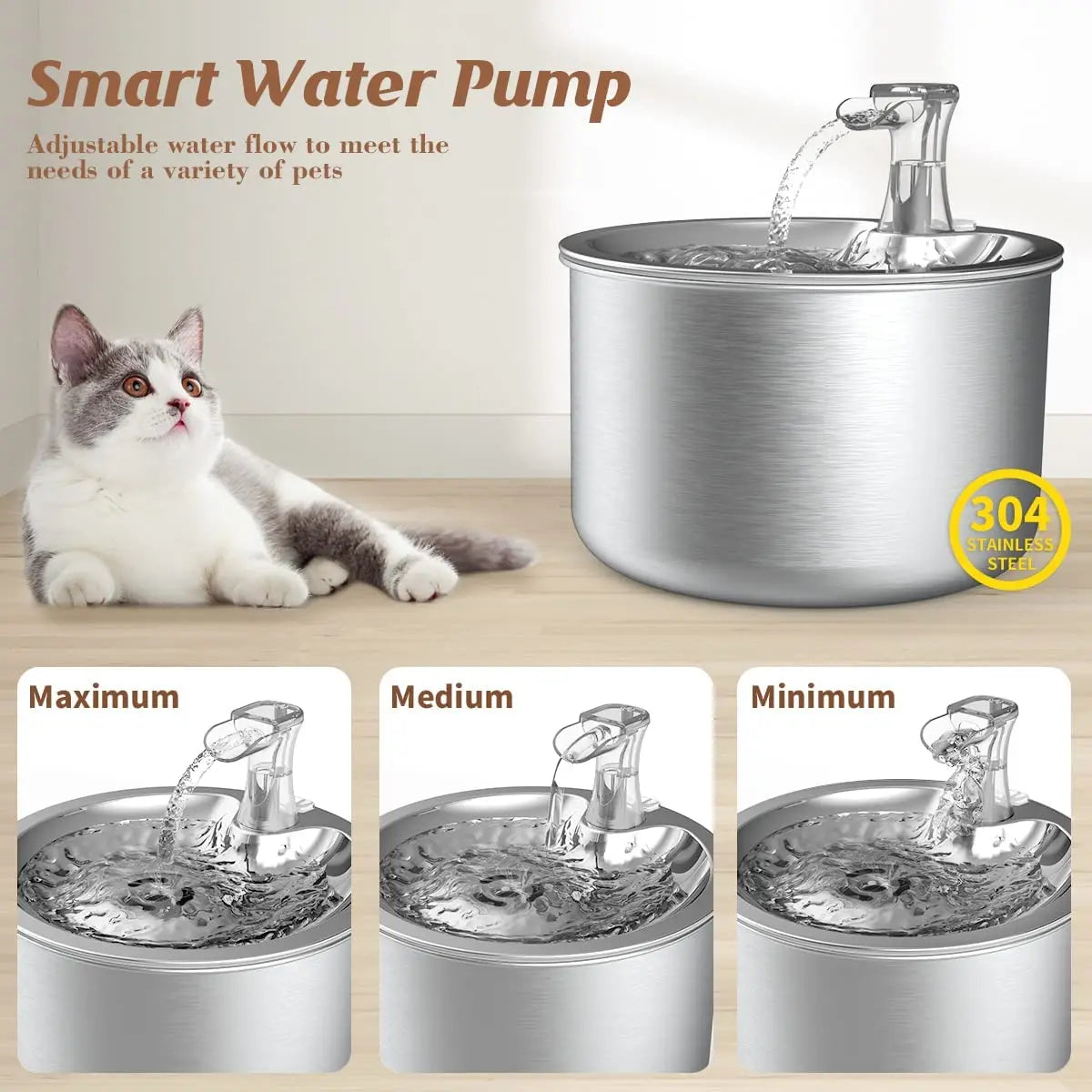 2L Fully Stainless Steel Pet Water Dispenser Automatic Cat Water Fountain with Optional Sensor and Heater