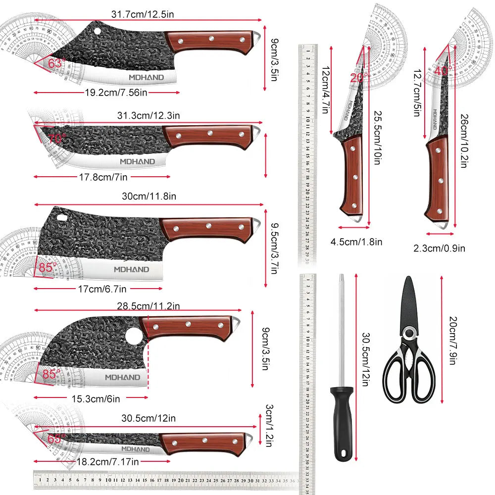 14PCS Kitchen Knives Set Cleaver Meat Cut Steak Fillet Fish Knife Butcher Boning Hand Forged Blade with Scissors and Knife Sharpener