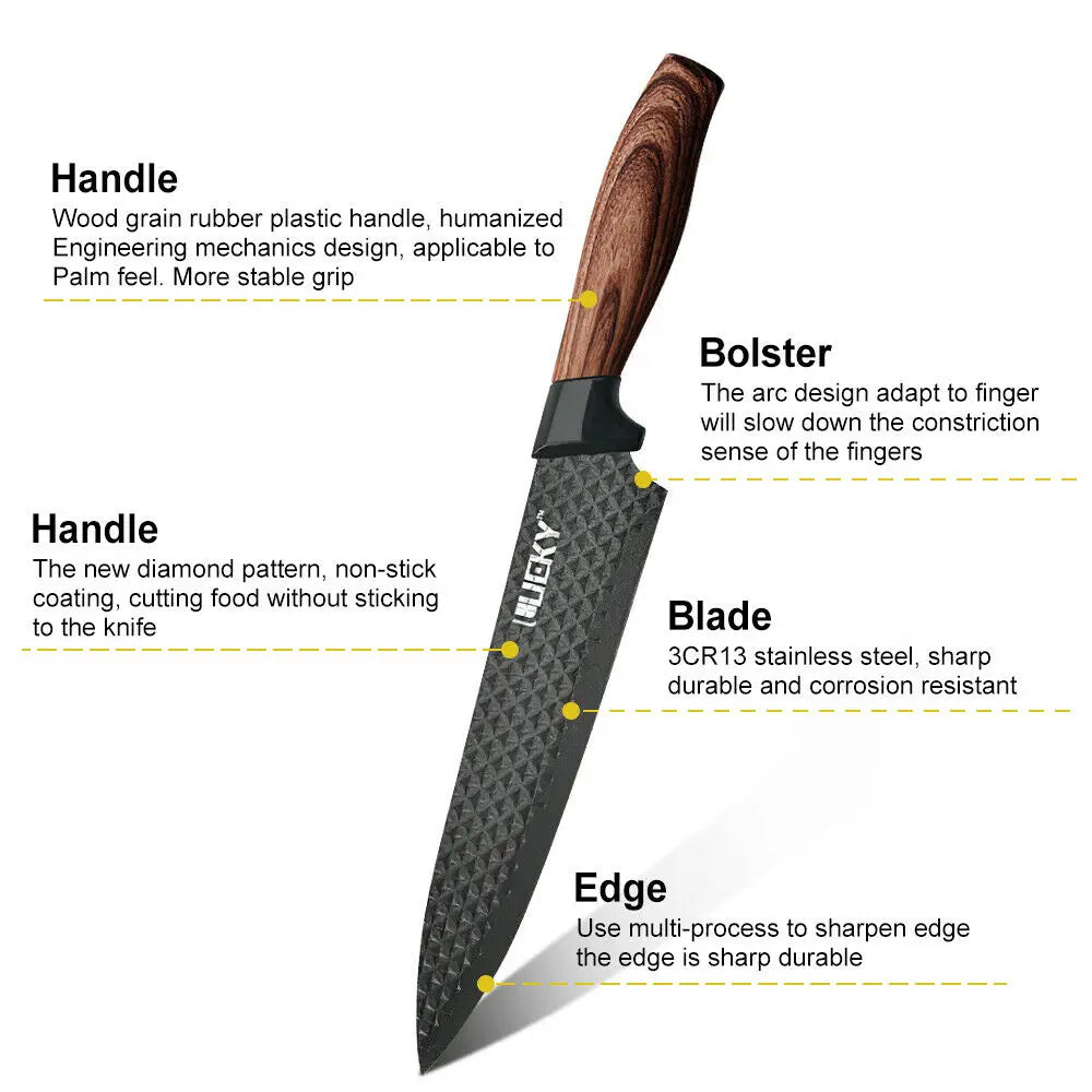 Stainless Steel Forged Chef Kitchen Knife Set with Scissors Vegetable Peeler Slicer and Paring Knife Diamond Pattern