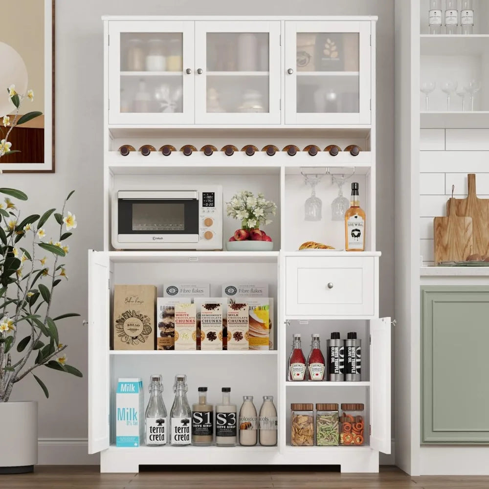 71 Inch Kitchen Pantry Storage Cabinet with Wine Rack Large Pantry Cabinet with Microwave Stand Modern Kitchen Hutch with Six Doors