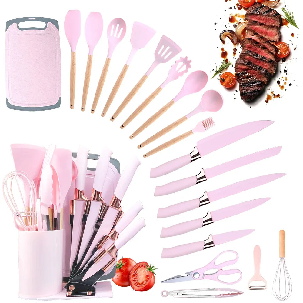 20 Piece Silicone Kitchen Knife Set Heat Resistant Non Stick Soup Spoon Cooking Utensils with Scissors Peeler and Meat Cutter