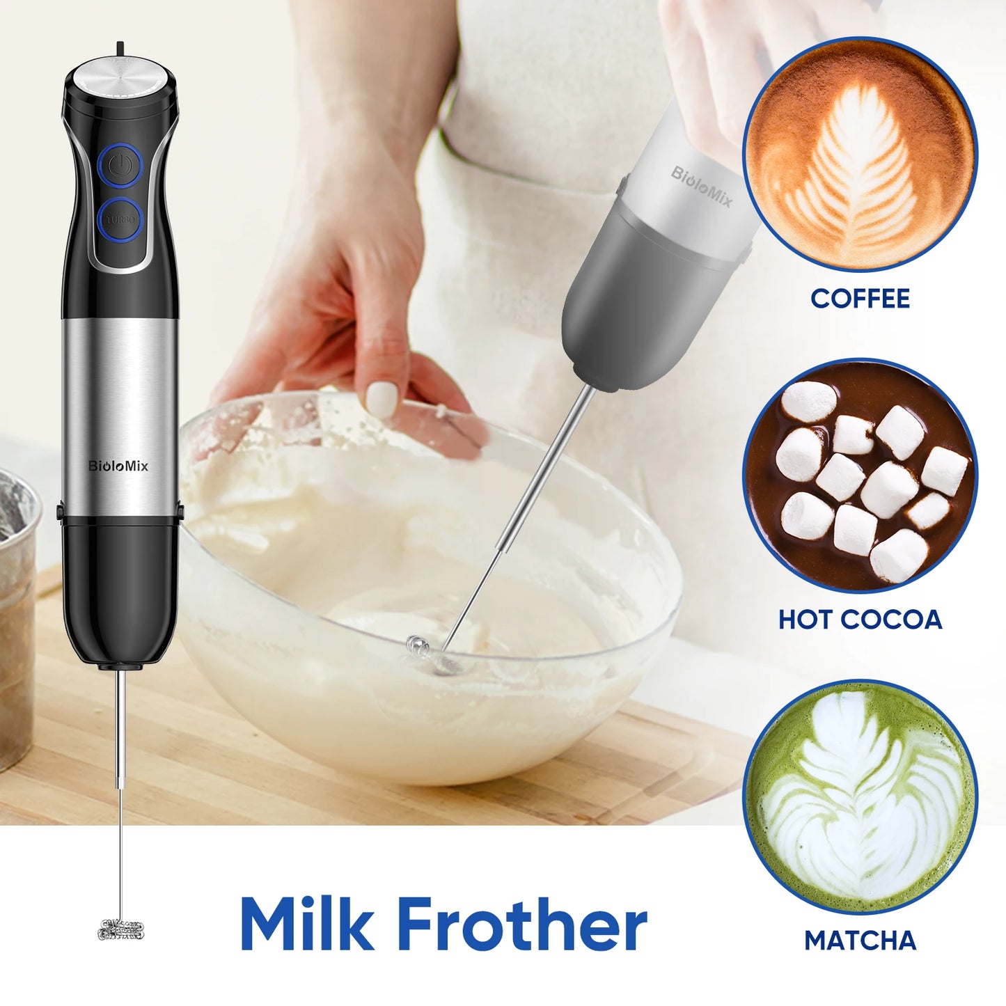 BioloMix 5 in 1 Immersion Hand Blender 1500W Stainless Steel Blade Food Processor Smoothies Puree Baby Food