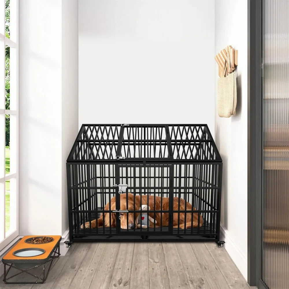 Heavy Duty Dog Crate for Large Giant Dogs Metal Pet Cage with Roof Sturdy Playpen 54 Inch Dog Kennel with Strong Latches