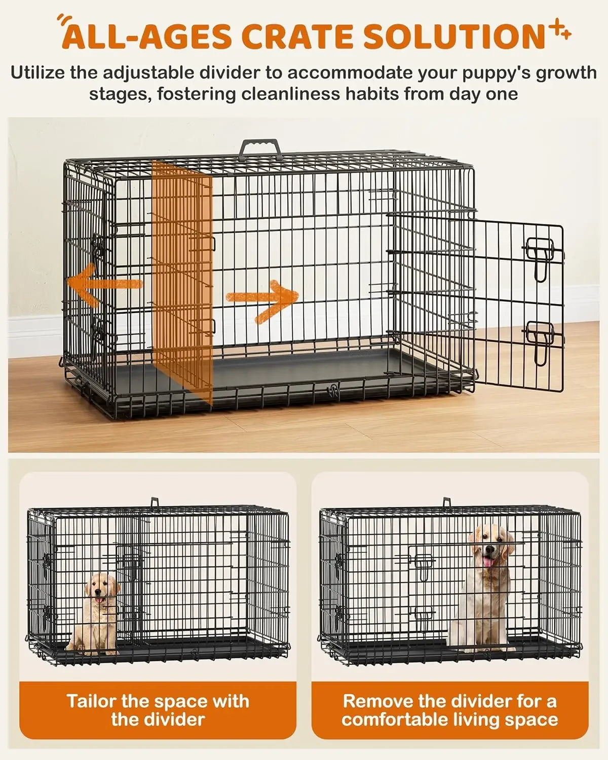 42 Inch Dog Crate Double Door Dog Crate with Divider for Puppy to Adult XL Collapsible Metal Dog Crate with Removable Tray Wire Dog Kennel Pet Crate for Large Dogs Portable Travel Cage Black