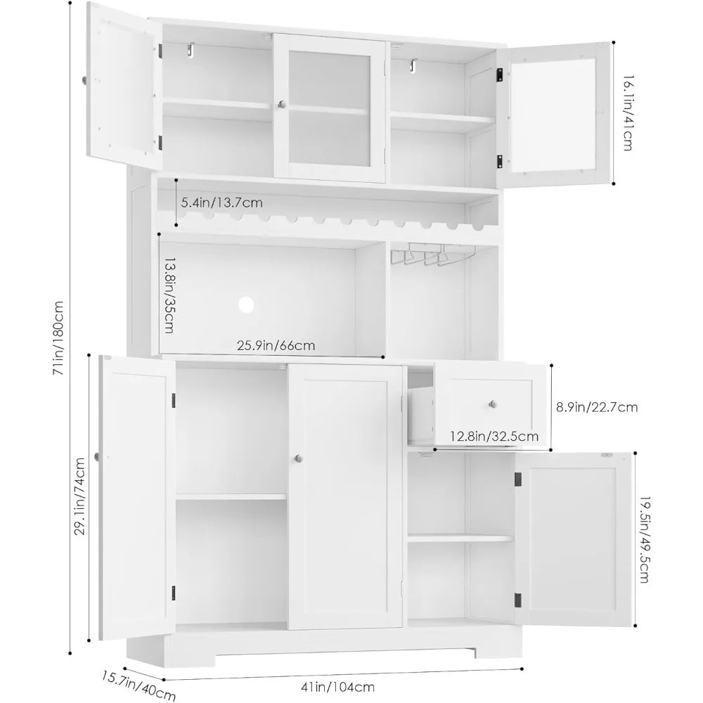 71 Inch Kitchen Pantry Storage Cabinet with Wine Rack Large Pantry Cabinet with Microwave Stand Modern Kitchen Hutch with Six Doors
