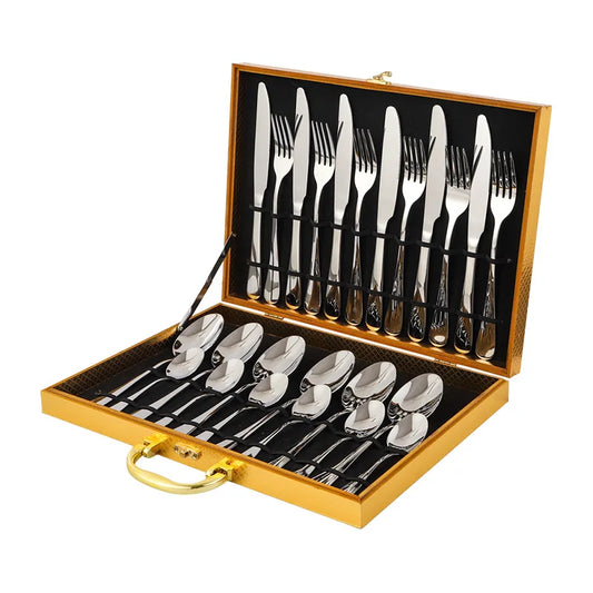 Stainless Steel Tableware Set of 24 Pieces with Wooden Box Western Tableware Knife Fork Spoon