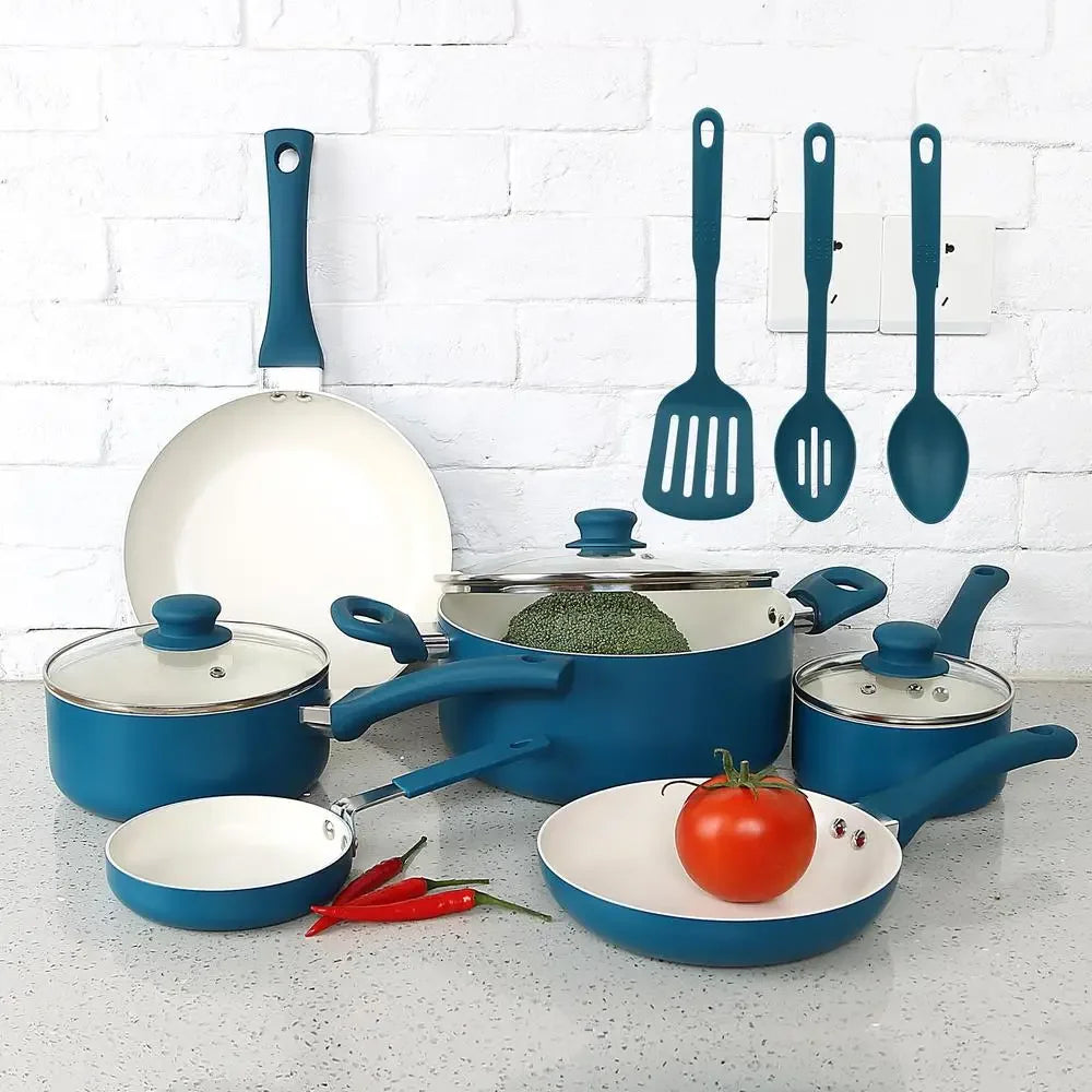 12 Piece Corsair Blue Nonstick Aluminum Cookware Set Home Kitchen Utensil Collection