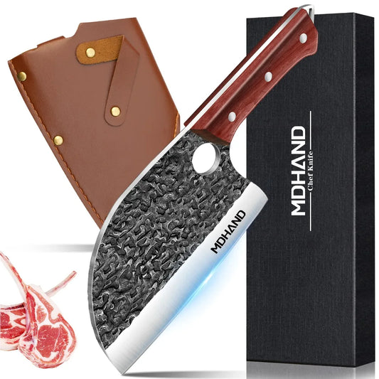 Stainless Steel Kitchen Knife Hand Forged Hammered Chef Knife Meat Cleaver Fish Bone Splitting Slicing Knife with Leather Case