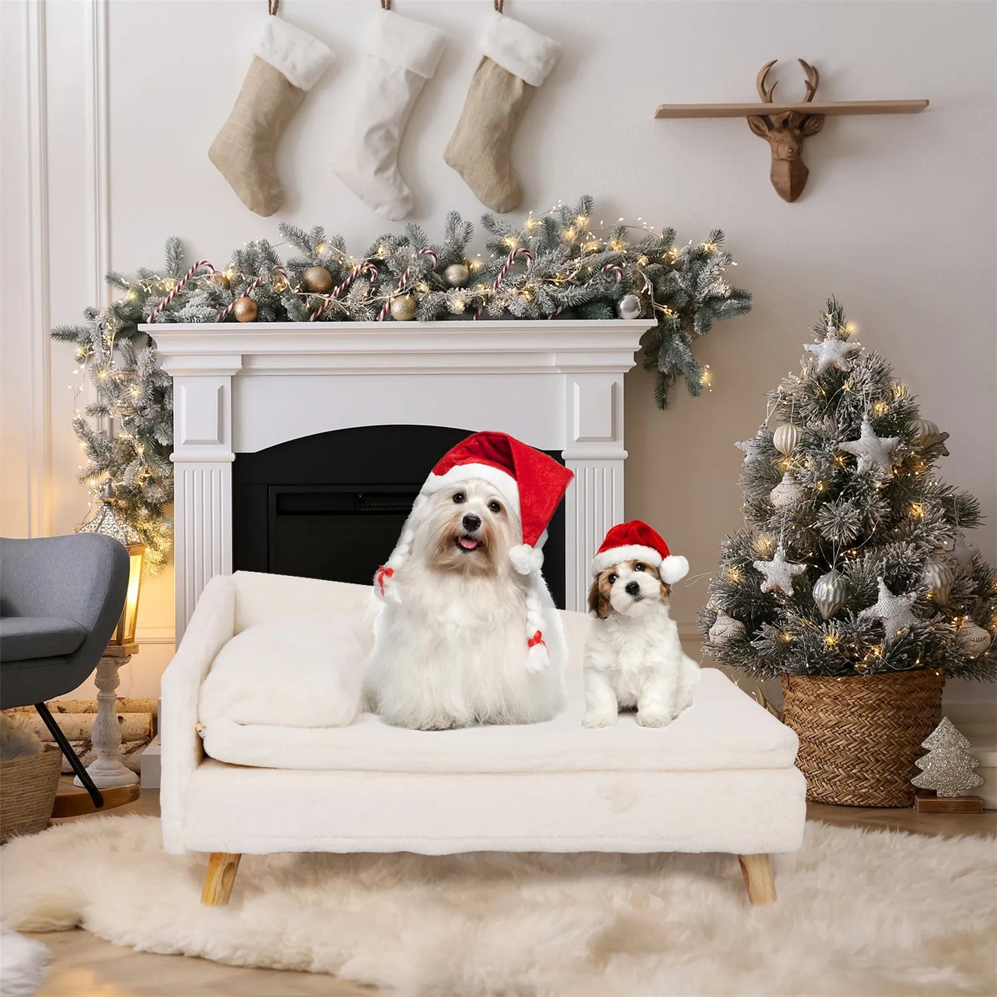 Elevated Pet Bed Nordic Pet Stool Bed with Cozy Waterproof Pad Pet Sofa Bed with Sturdy Wood Legs for Small Dogs and Kittens