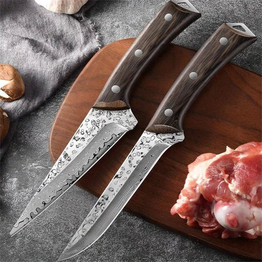 Plys Damascus Steel Boning Chef Knife Set 2 Pieces with Wood Non Slip Handle for Meat and Fishing Fillet