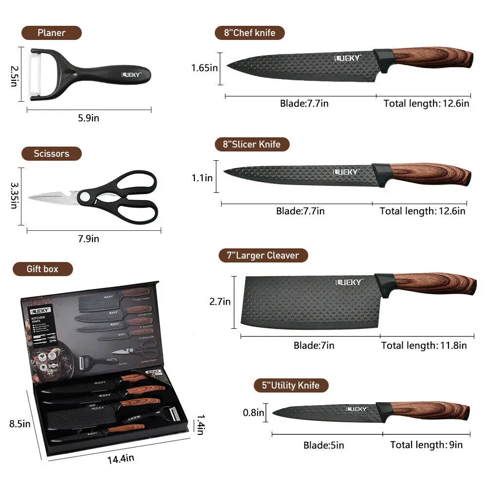 Stainless Steel Forged Chef Kitchen Knife Set with Scissors Vegetable Peeler Slicer and Paring Knife Diamond Pattern