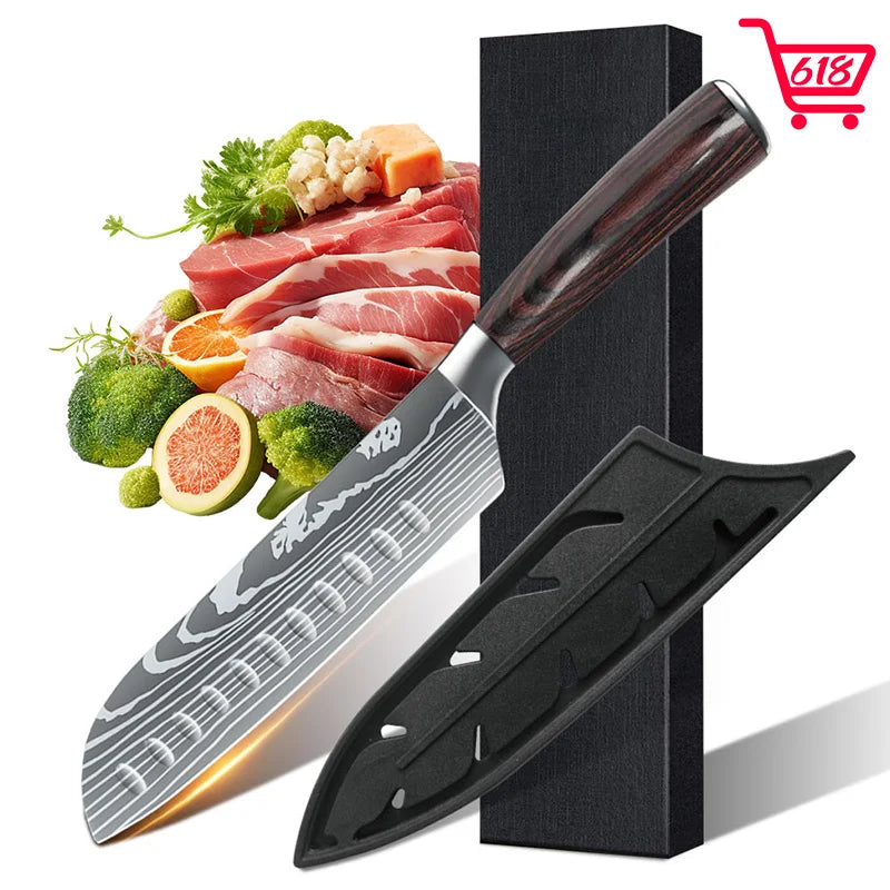 7 Inch Santoku Knife Laser Damascus Stainless Steel Kitchen Knife Professional Chef Knife Full Tang Vegetable Cutting Knife