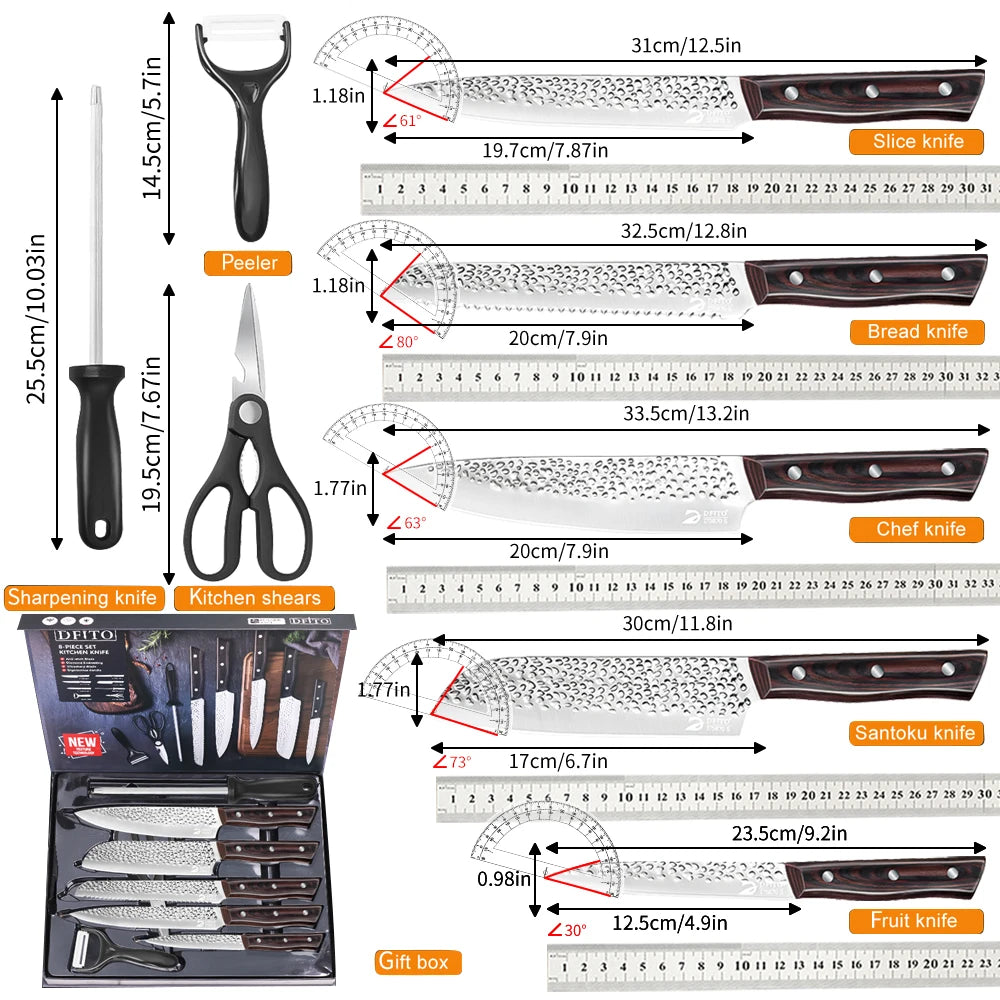 8 Piece Chef Knife Kitchen Knives Set Hammer Pattern Sharp Cutting Blades Meat Salmon Slicing Santoku Cooking Tools