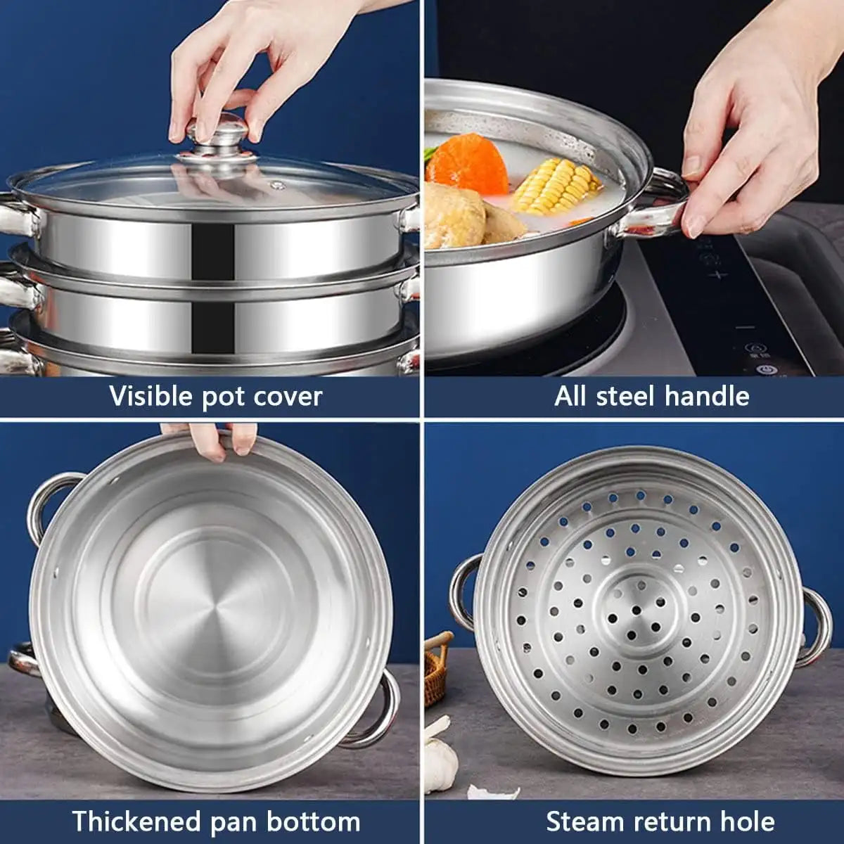 Hign-concerned Stainless Steel 3 Tier Steamer Pot With Lid