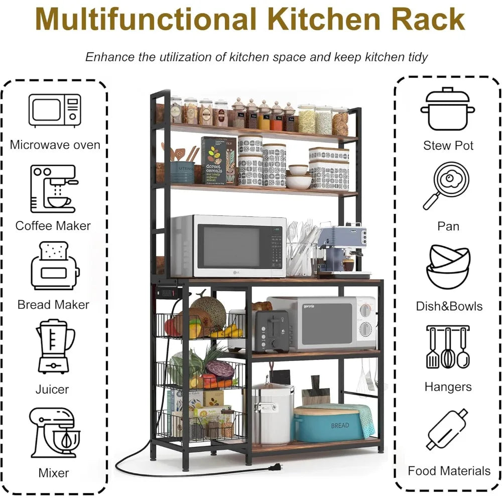 Hign-concerned Bakers Rack With Baskets And Power Outlet