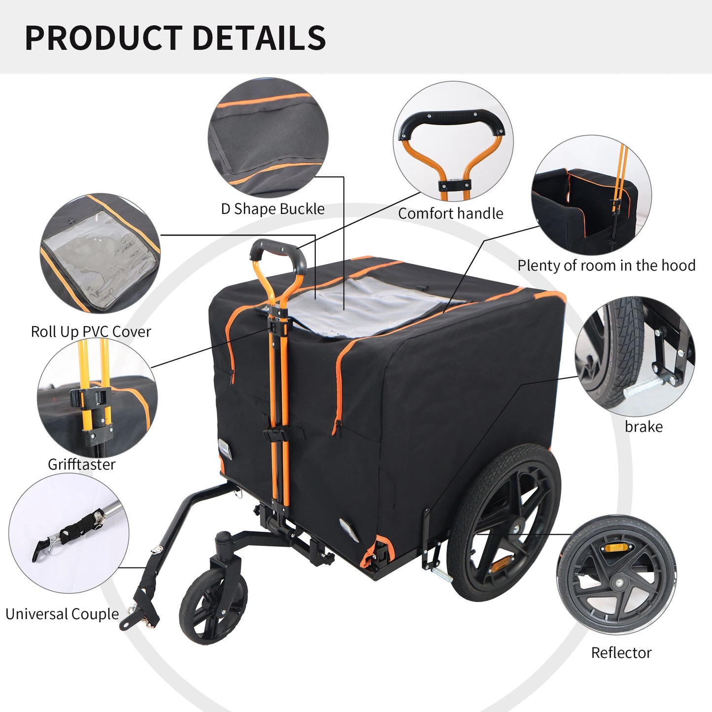 Foldable Pet Jogging Stroller Dog Carrier Bicycle Trailer for Small Pets Orange and Black
