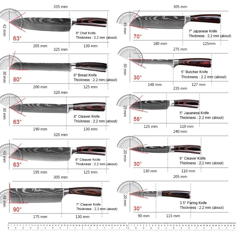 8 or 10 Pieces Gift Japanese Kitchen Knives Set Laser Damascus Pattern High Carbon Stainless Steel Chef Knife and Fruit Slicing Knife