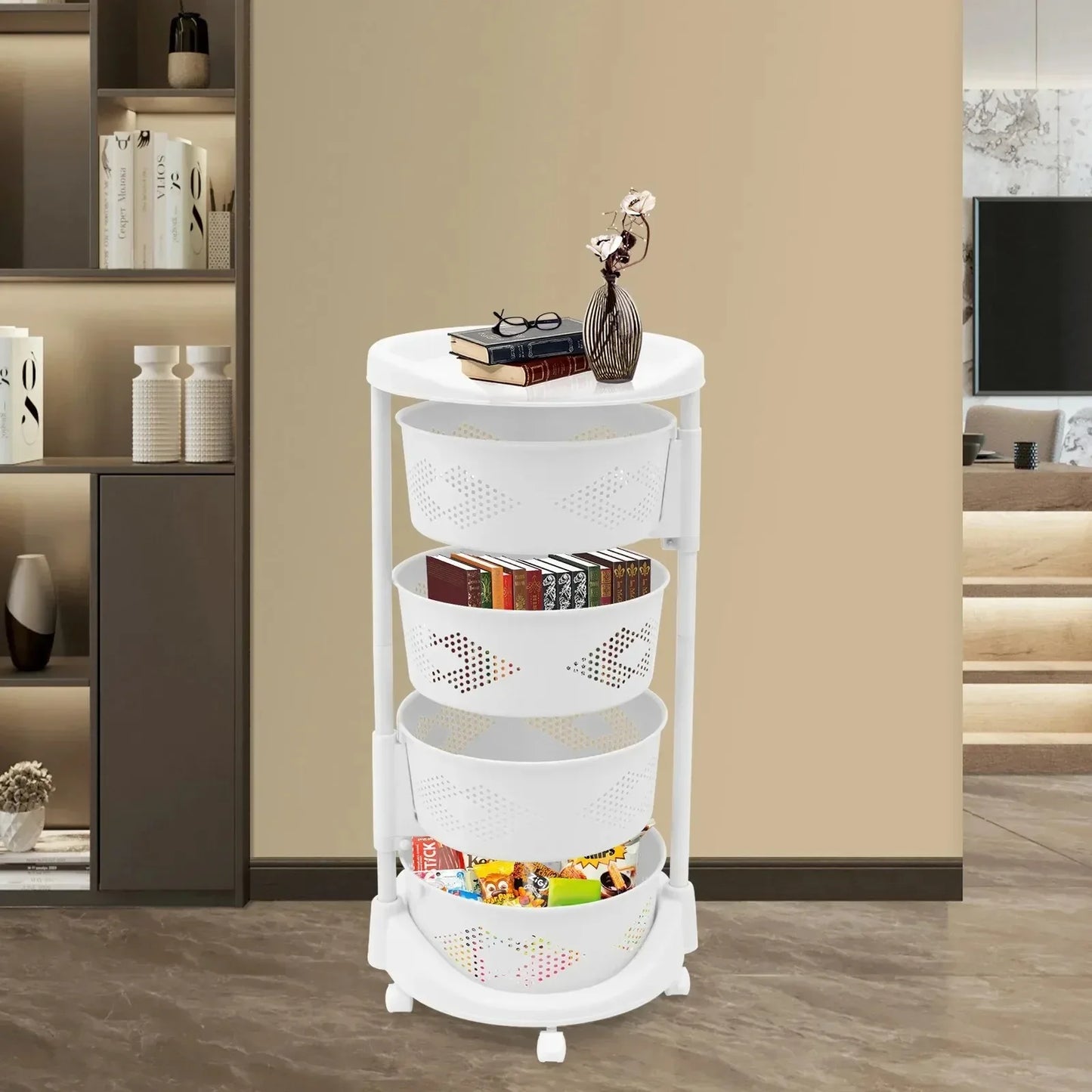 Bymaocar 4 Layers Rotating Kitchen Fruit and Vegetable Storage Rack White Storage Basket with Wheels for Living Room and Bedroom