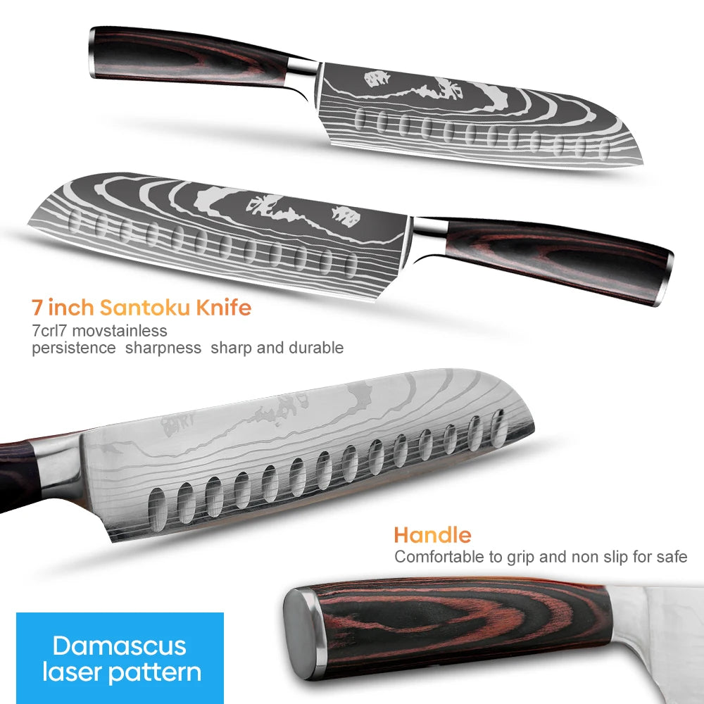 7 Inch Santoku Knife Laser Damascus Stainless Steel Kitchen Knife Professional Chef Knife Full Tang Vegetable Cutting Knife