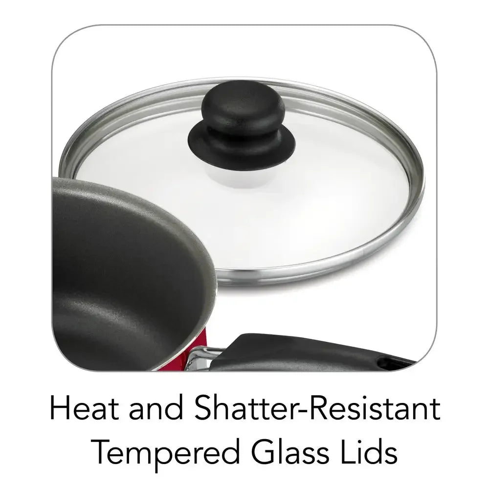 Nonstick Cookware Set Red 9 Piece Kitchen Starter Aluminum Dutch Oven Saute Pan Sauce Pan Riveted Handles Tempered Glass Lids