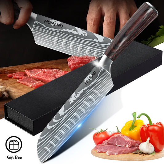 7 Inch Santoku Knife Laser Damascus Stainless Steel Kitchen Knife Professional Chef Knife Full Tang Vegetable Cutting Knife