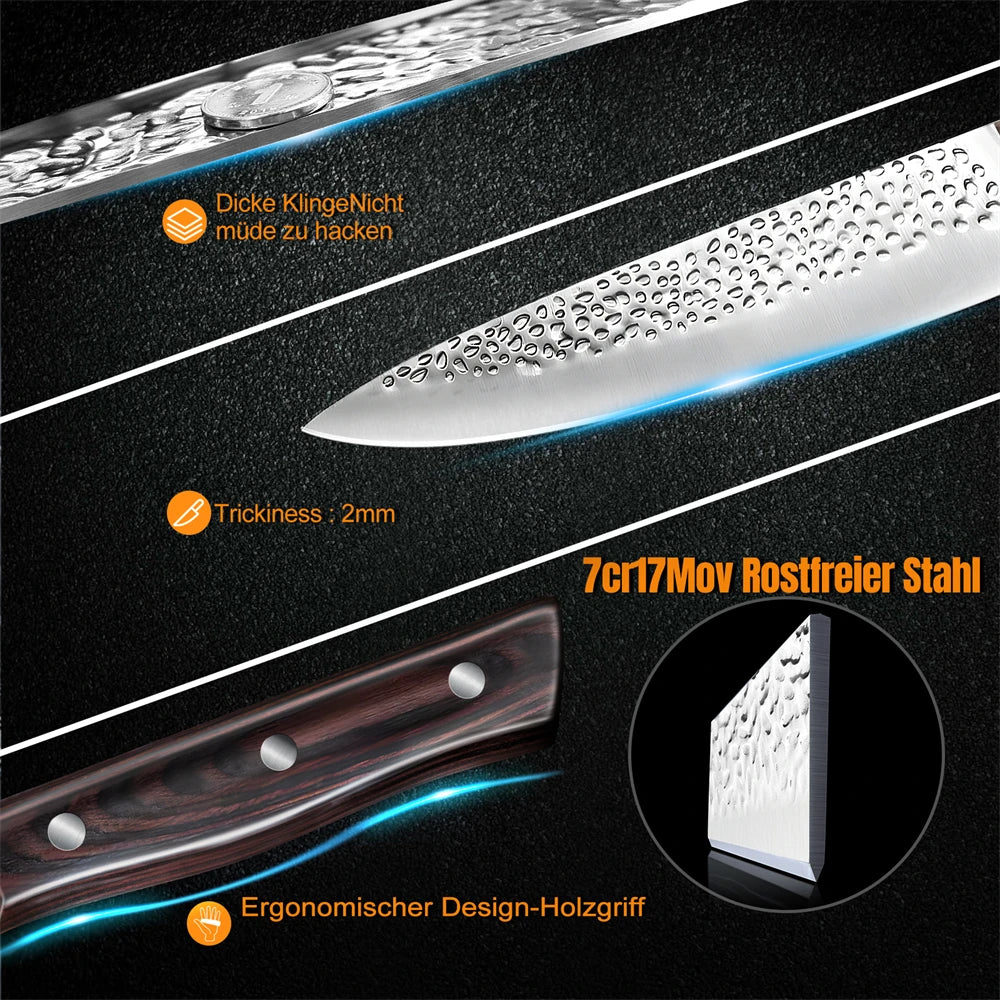 8 Piece Chef Knife Kitchen Knives Set Hammer Pattern Sharp Cutting Blades Meat Salmon Slicing Santoku Cooking Tools