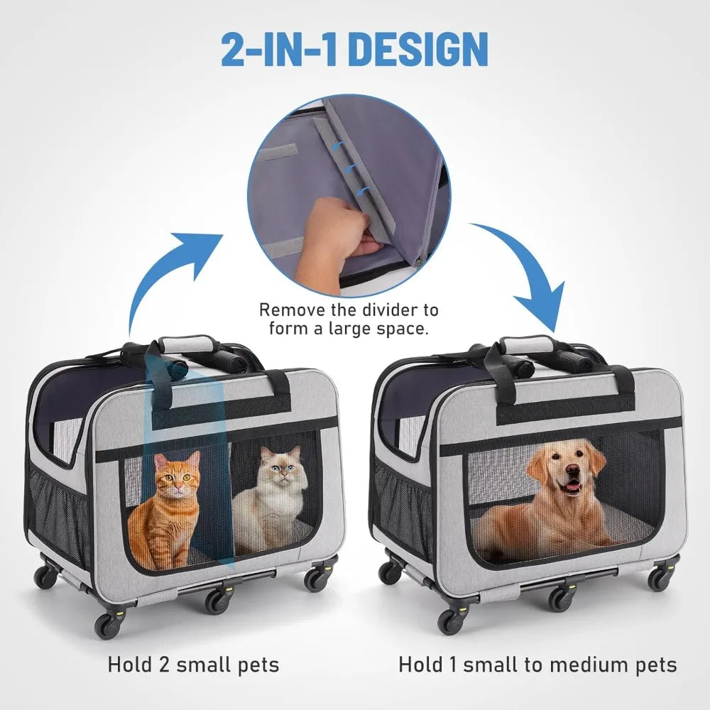 TIFICY Double Pet Carrier With Wheels For Small Dogs Cats