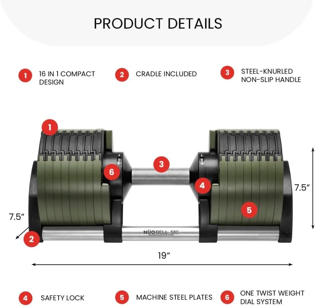 Adjustable Dumbbells 5 to 80 Pounds Replace 16 Sets Ideal for Home Gym Weight Bench and Press Tactical Green