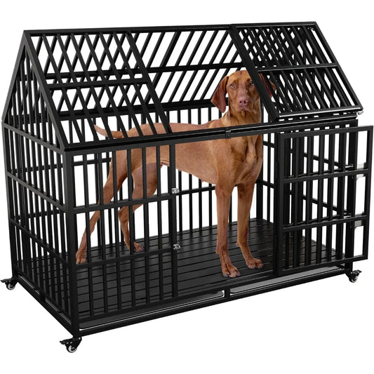 Heavy Duty Dog Crate for Large Giant Dogs Metal Pet Cage with Roof Sturdy Playpen 54 Inch Dog Kennel with Strong Latches