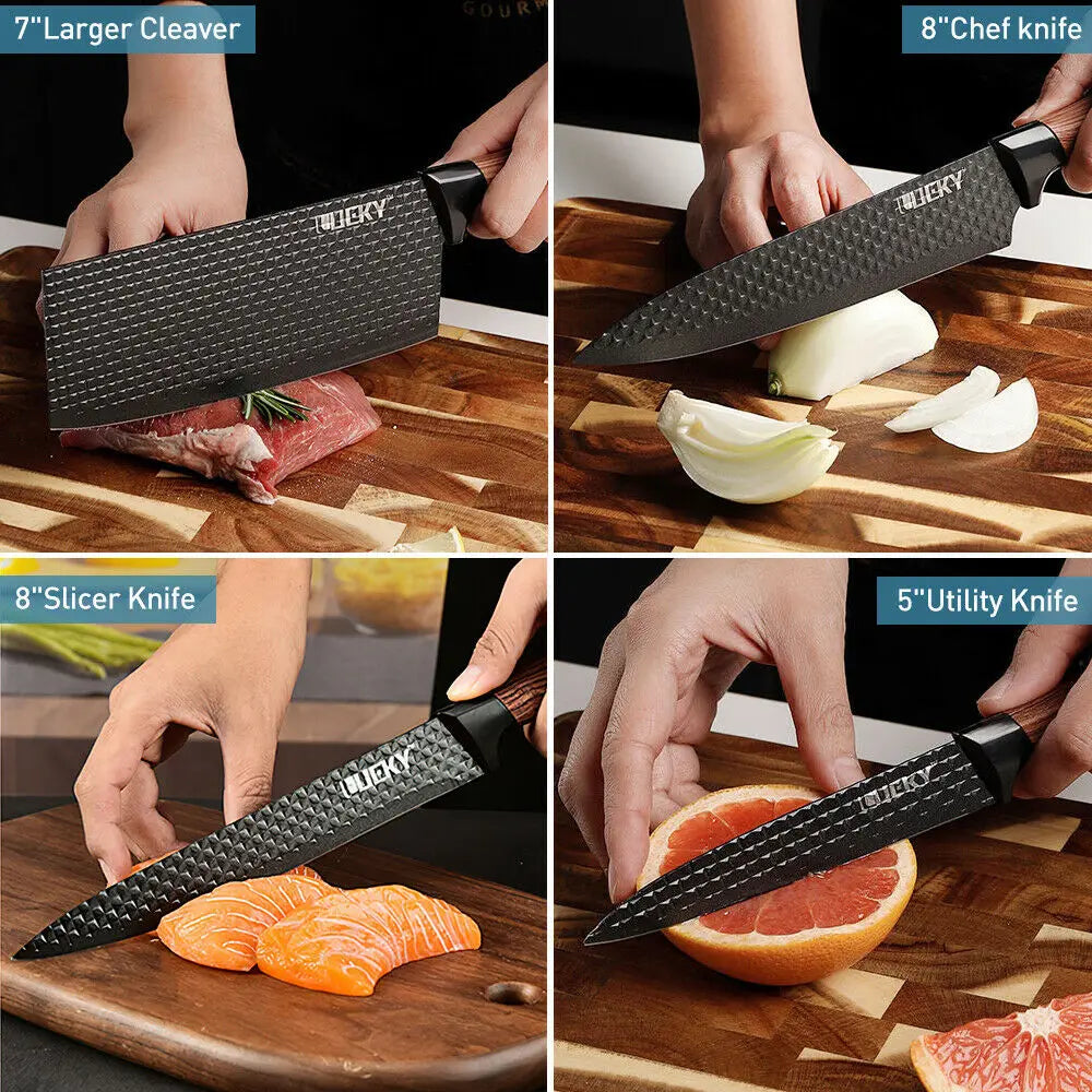 Stainless Steel Forged Chef Kitchen Knife Set with Scissors Vegetable Peeler Slicer and Paring Knife Diamond Pattern