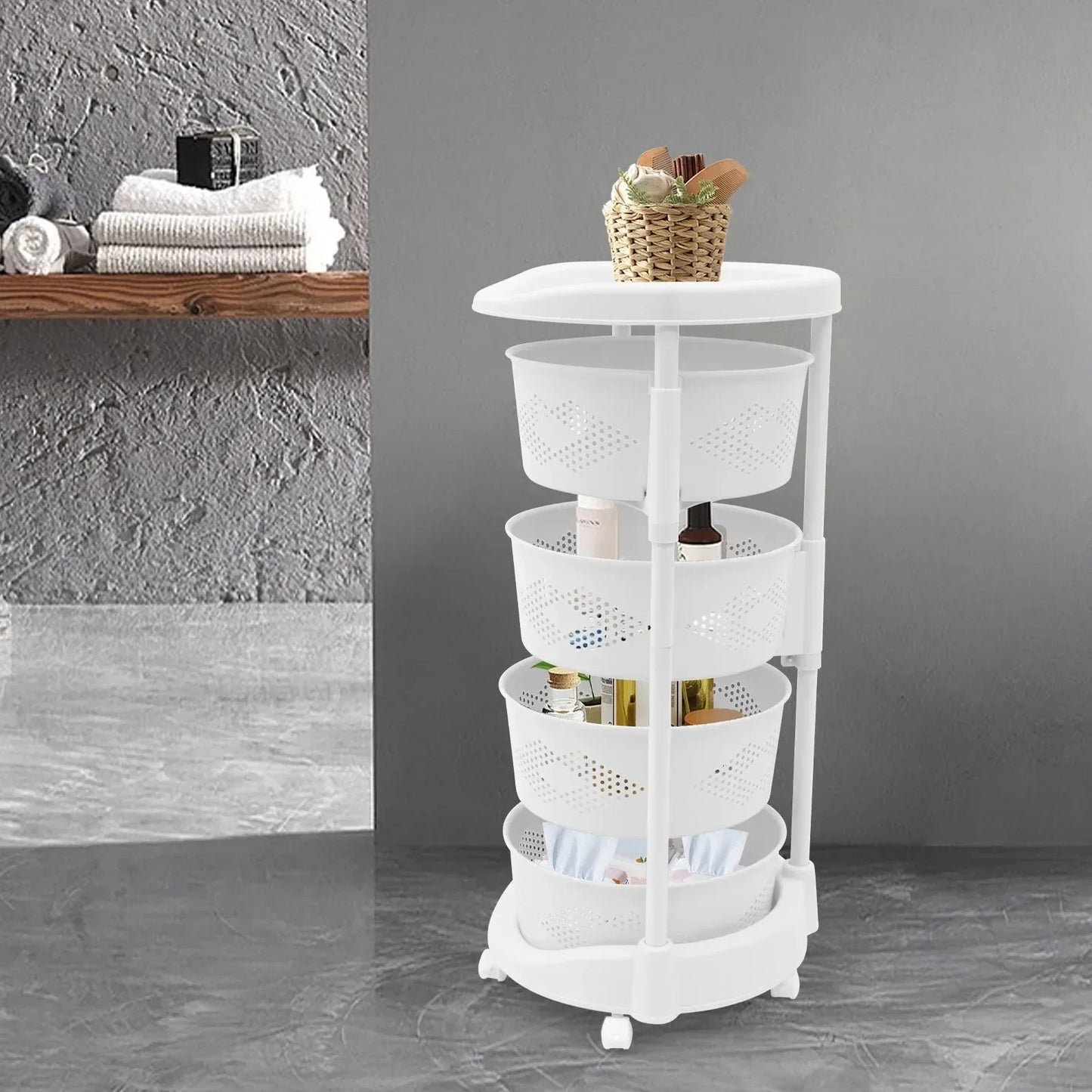 Bymaocar 4 Layers Rotating Kitchen Fruit and Vegetable Storage Rack White Storage Basket with Wheels for Living Room and Bedroom