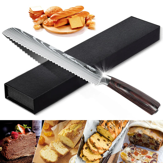 Kitchen Bread Knife Serrated Design Laser Damascus 7CR17 Stainless Steel Blade Bread Chef Knife with Gift Box